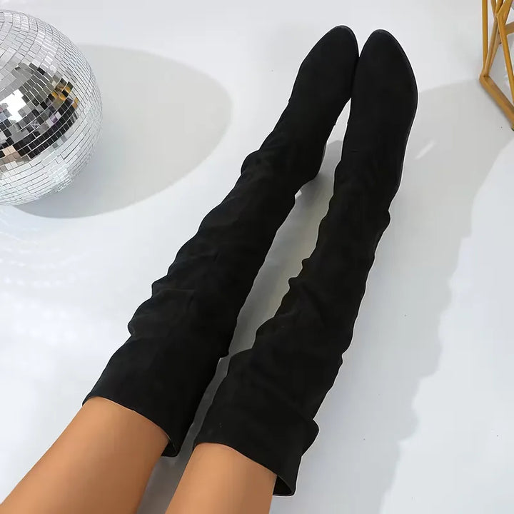 Slip-on overknee dameslaarzen, suède look, met comfortabele blokhak.