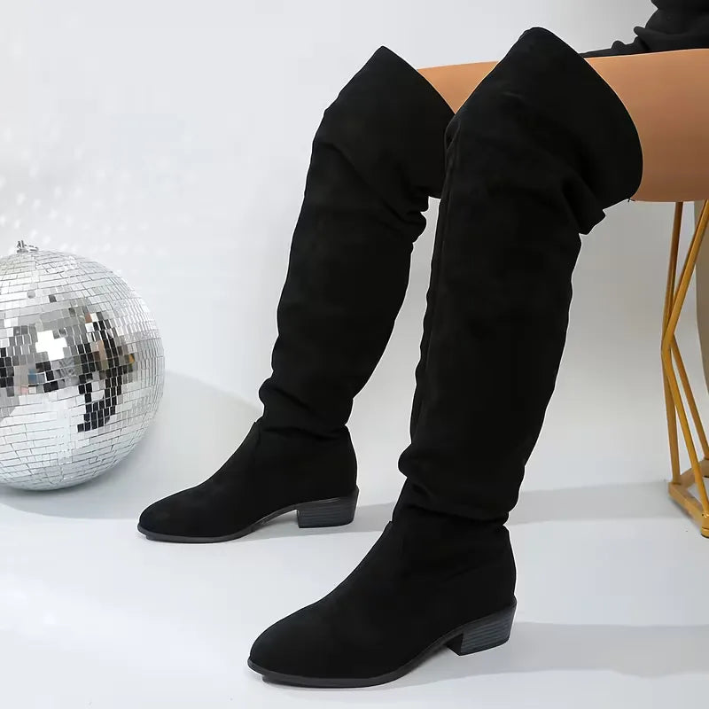 Hoge dameslaarzen met blokhak, suède look, veelzijdig voor casual en chique.