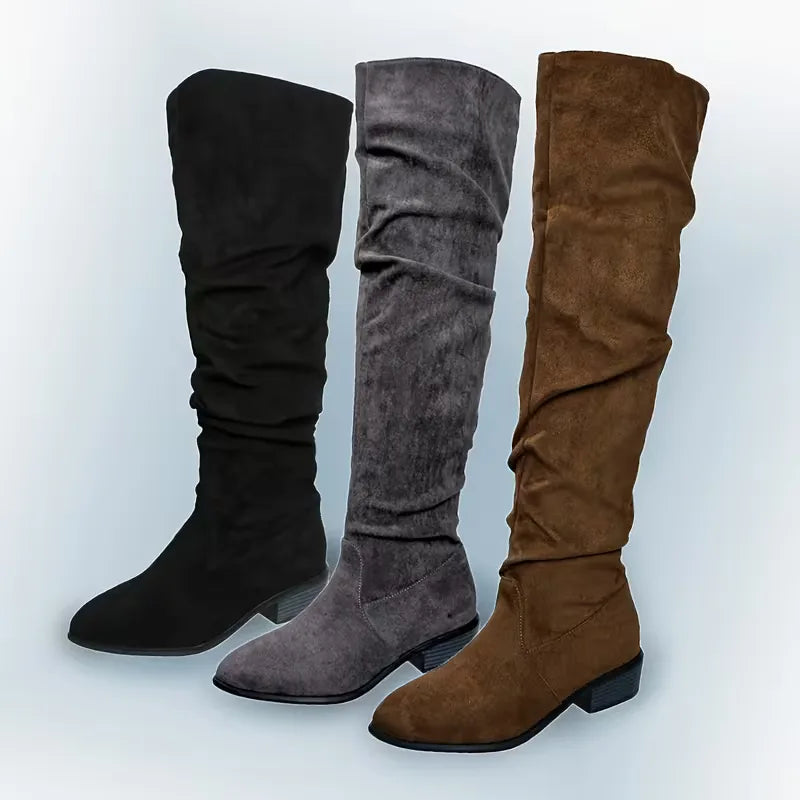 Suède look dames overknee laarzen met blokhak, perfect voor winter en herfst.