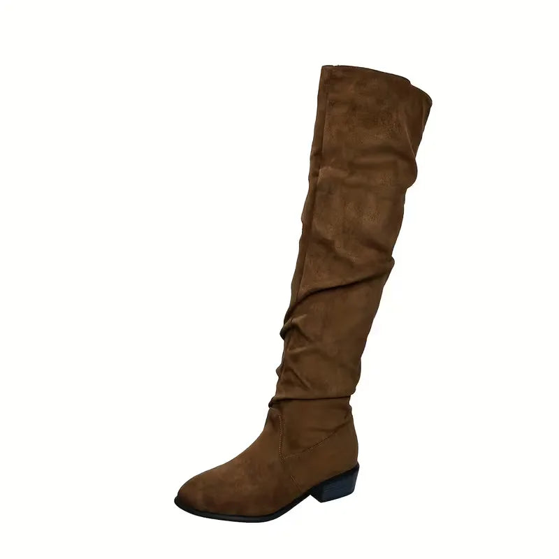 Warme dames winterlaarzen: overknee, suède look, met stabiele blokhak.