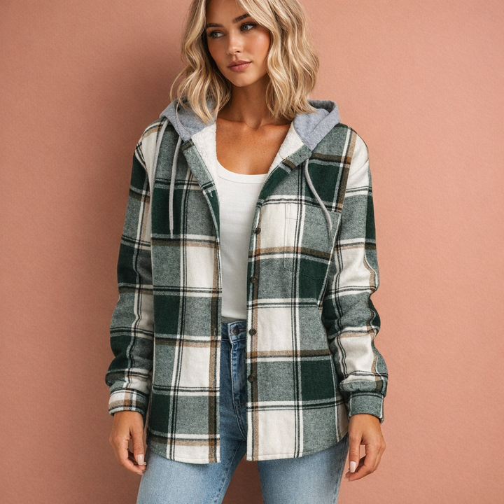 Dames overshirt met capuchon, knoopsluiting. Casual chic overgangsjas, ideaal voor lente en herfst.