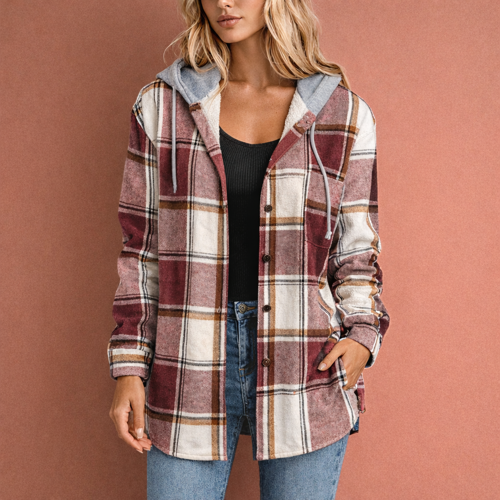 Stijlvol dames overshirt met capuchon, knoopsluiting en casual chic uitstraling. Ideale overgangsjas.