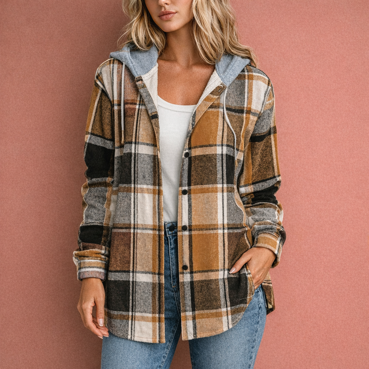 Dames overgangsjas: overshirt met capuchon en knoopsluiting. Perfect voor gelaagde, modieuze look.