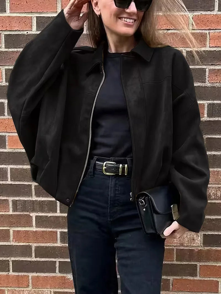 Zwart oversized damesjack van polyester met ritssluiting, ideaal voor een streetwear look.