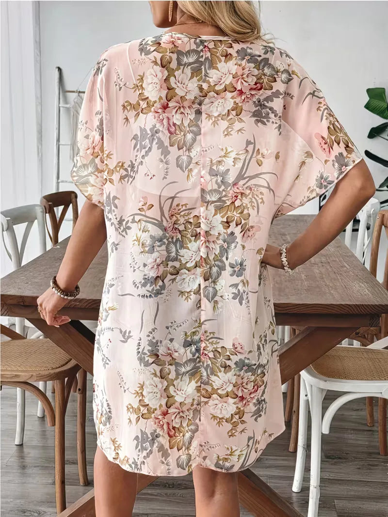 Bohemian stijl dames cardigan, lange open front mantel met kleurrijke bloemenprint. Zomerse damesmode.