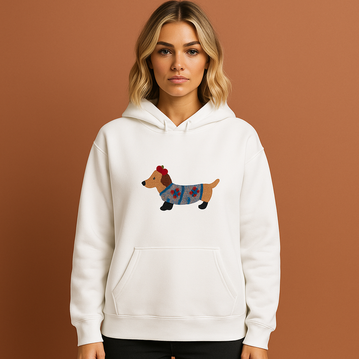 Dames oversized hoodie met geborduurde teckel. Comfortabele casual trui, ideaal voor herfst/winter mode.
