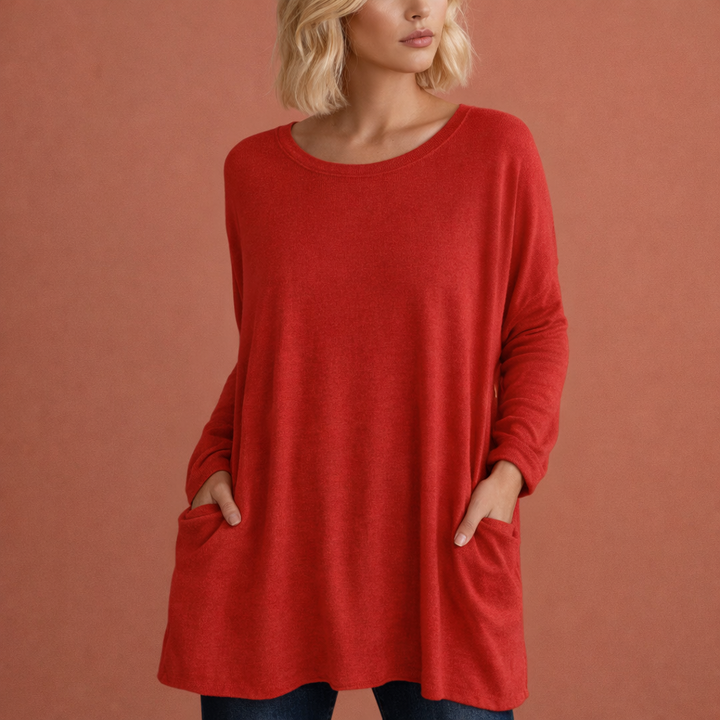Dames oversized tuniek met zakken, comfortabele lange top voor casual outfits. Ideaal voor herfst, winter en lente.