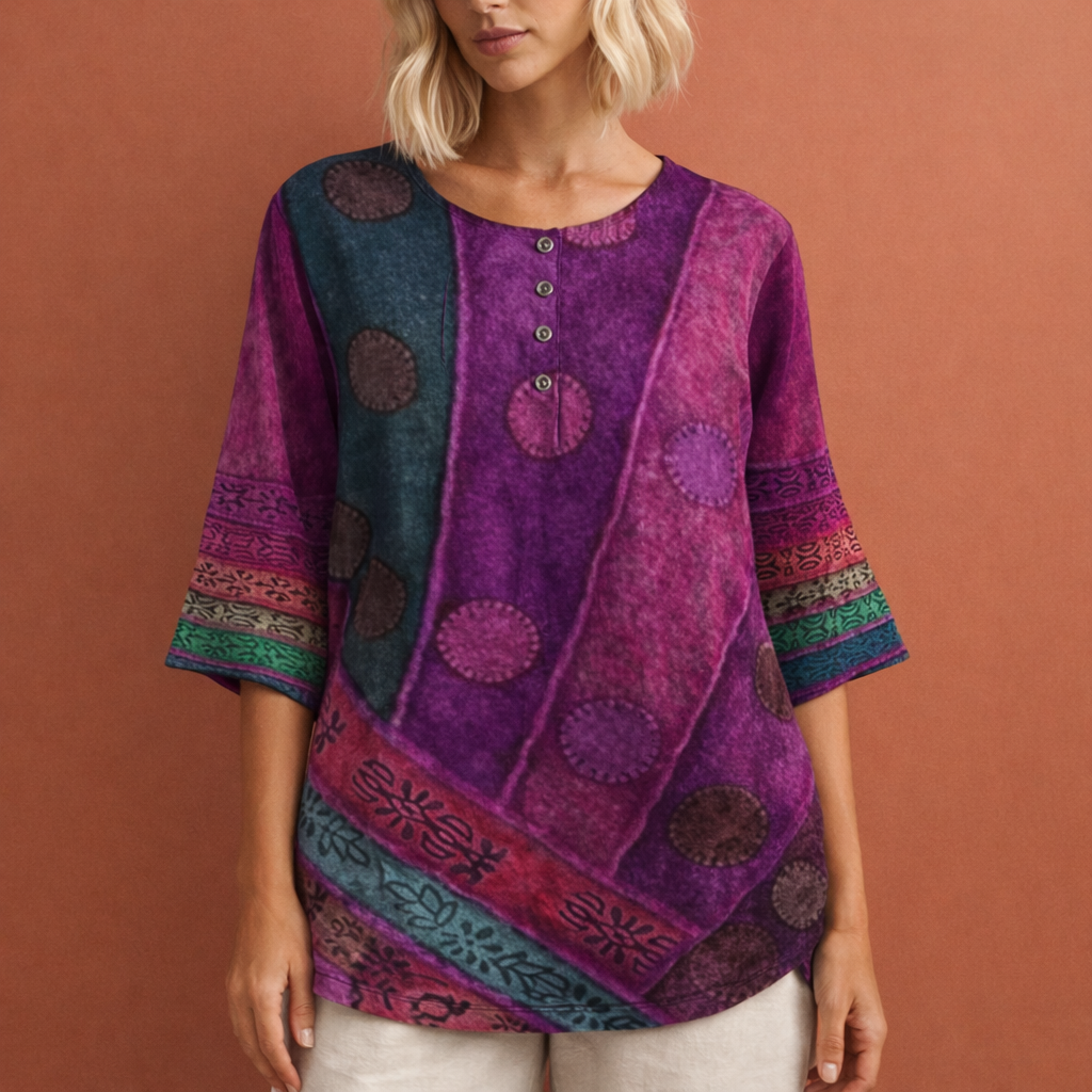 Kleurrijke print top voor dames, een oversized zomertop met vrolijk patroon en comfortabele, losse pasvorm.