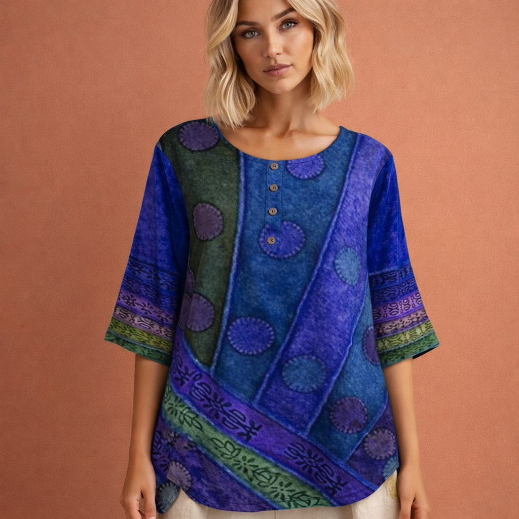 Casual dames zomertop, oversized model met levendige kleurrijke print; comfortabele kleding voor lente/zomer.