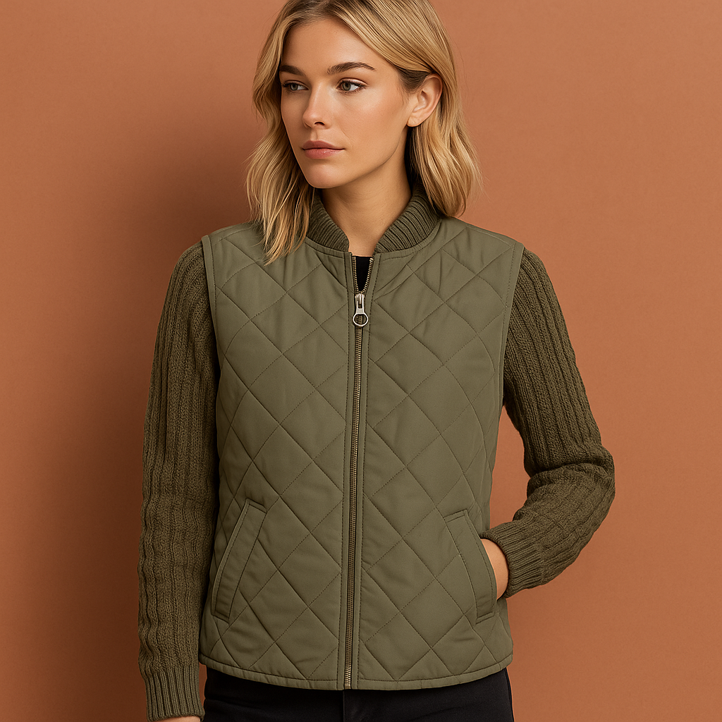 Elegant damesvest van patchwork breisel, zacht en comfortabel, een must-have voor wintermode.