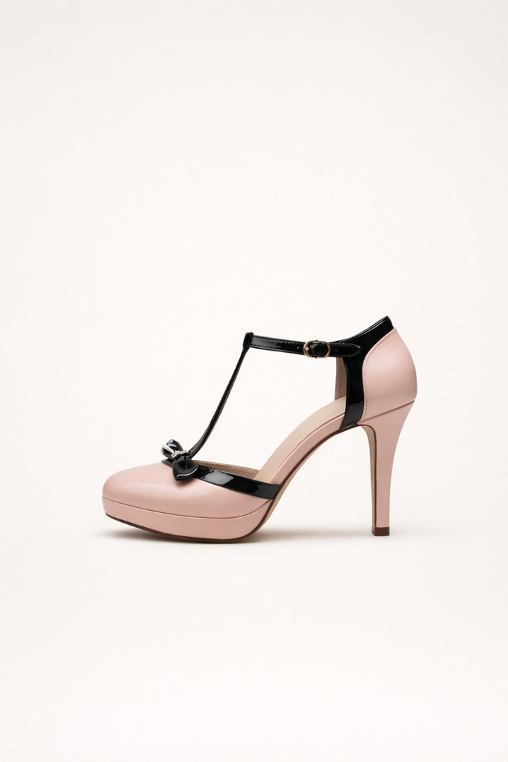 Roze dames plateau hakschoenen. Comfortabele hoge hakken met enkelbandje voor gala, bruiloft of feestjes.