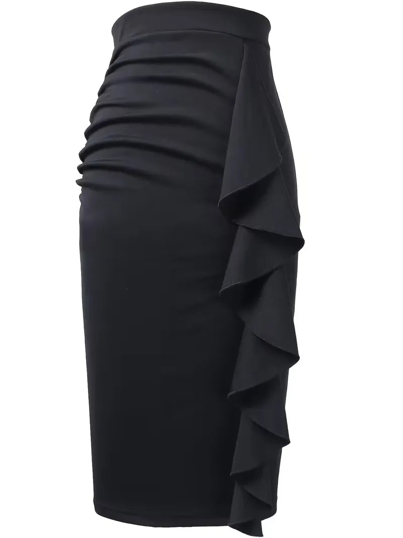 Zwarte plooirok dames, hoge taille, knielengte, geschikt voor zakelijke en feestelijke momenten.