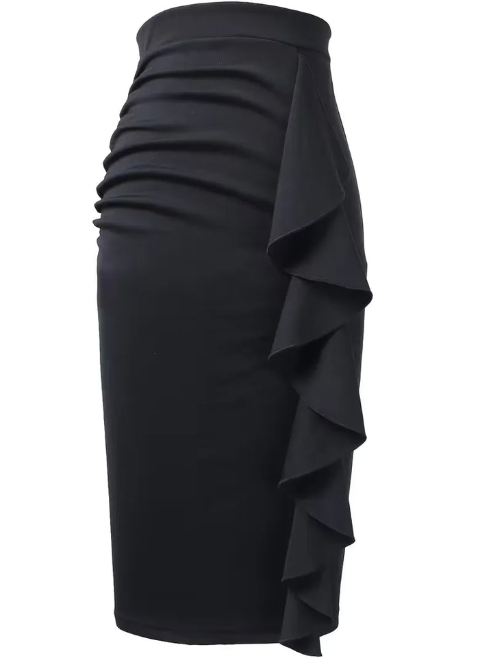 Zwarte plooirok dames, hoge taille, knielengte, geschikt voor zakelijke en feestelijke momenten.