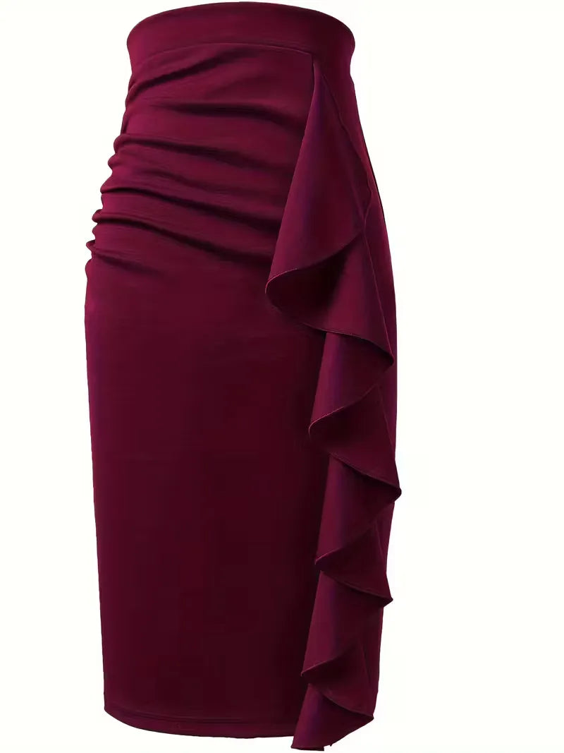 Zakelijke bordeauxrode plooirok voor dames, hoge taille, knielengte, tijdloos design.