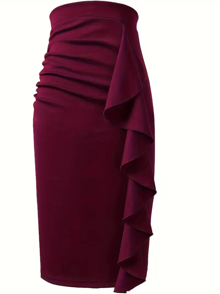 Zakelijke bordeauxrode plooirok voor dames, hoge taille, knielengte, tijdloos design.