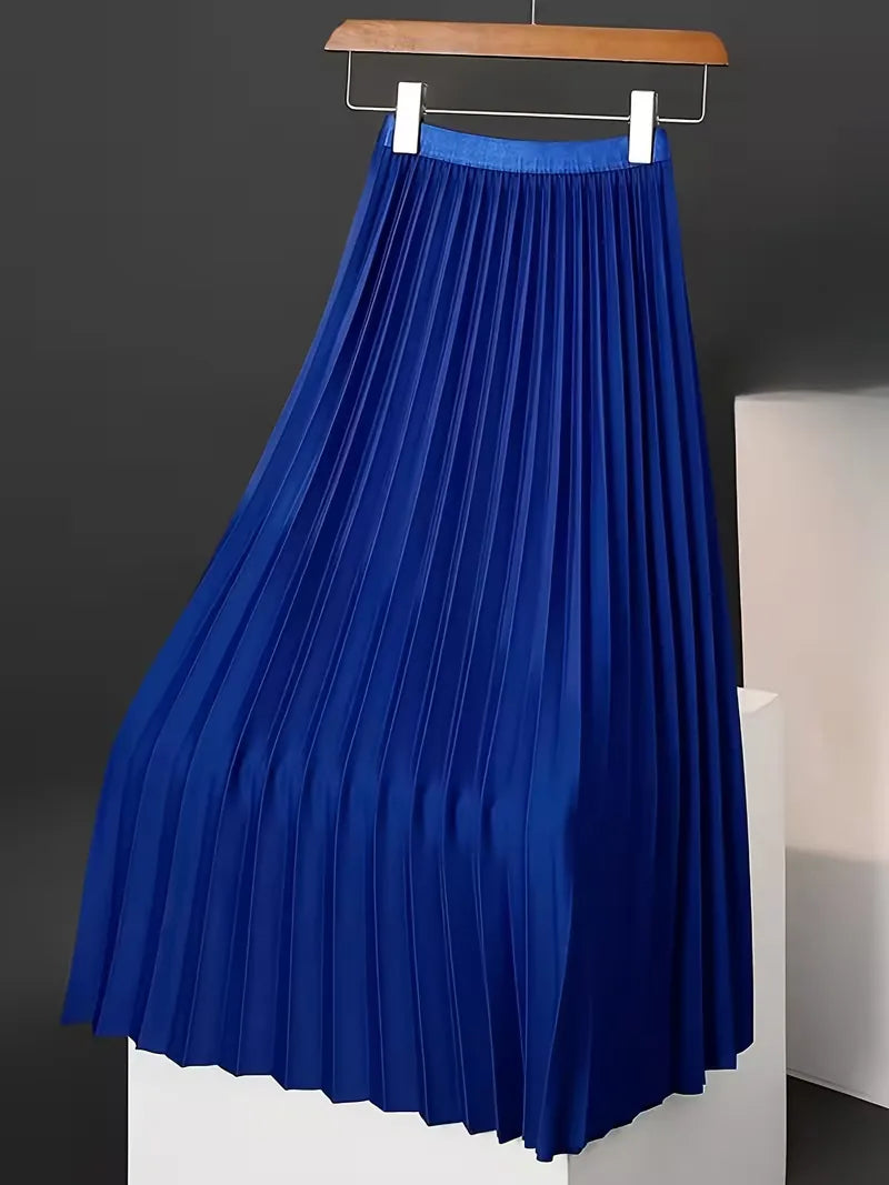 Zijaanzicht van de elegante dames plooirok, midi lengte en hoge taille, vleiend silhouet. Comfortabel.
