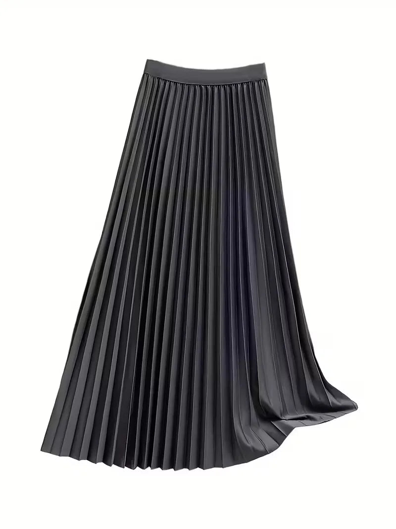 Soepele dames plooirok midi met hoge taille, accentueert de taillelijn elegant. Perfect voor lente-zomer.