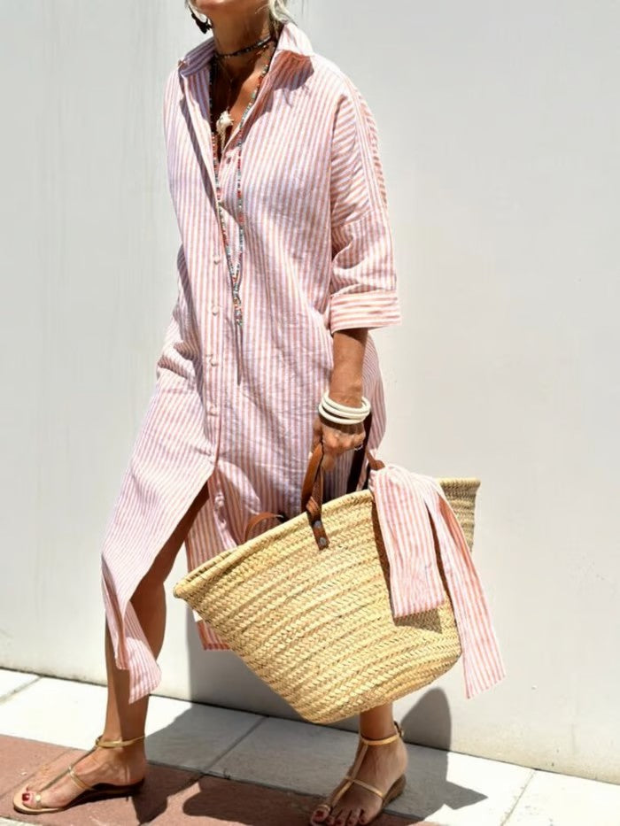 Modieuze dames midi jurk met polokraag en knoopjes, perfect voor een chique maar comfortabele zomerlook.