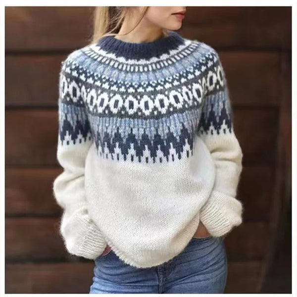Dames pullover met Noors patroon en comfortabele ronde hals, ideaal voor wintermode en een casual look.