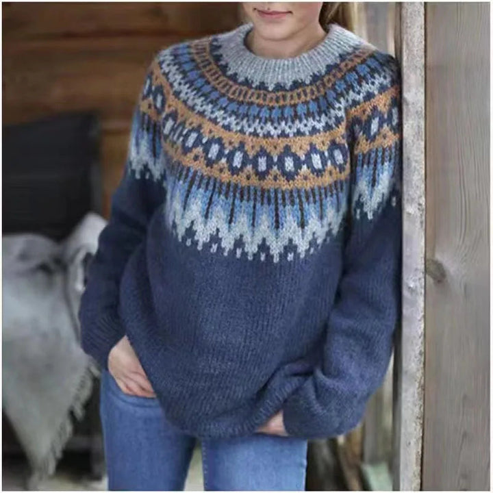 Elegante dames pullover met klassiek Noors patroon, ronde hals; tijdloze wintermode met comfortabele pasvorm.