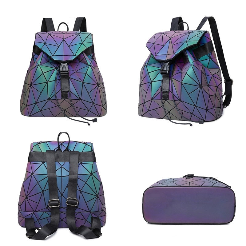 Lichtgevende mode rugzak voor dames met reflecterend en kleurveranderend geometrisch design.