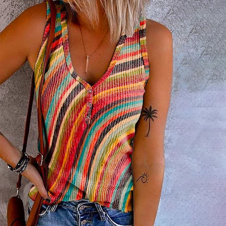 Dames regenboog gestreepte V-hals tank top voor de zomer, comfortabel en casual vrouwenkleding.