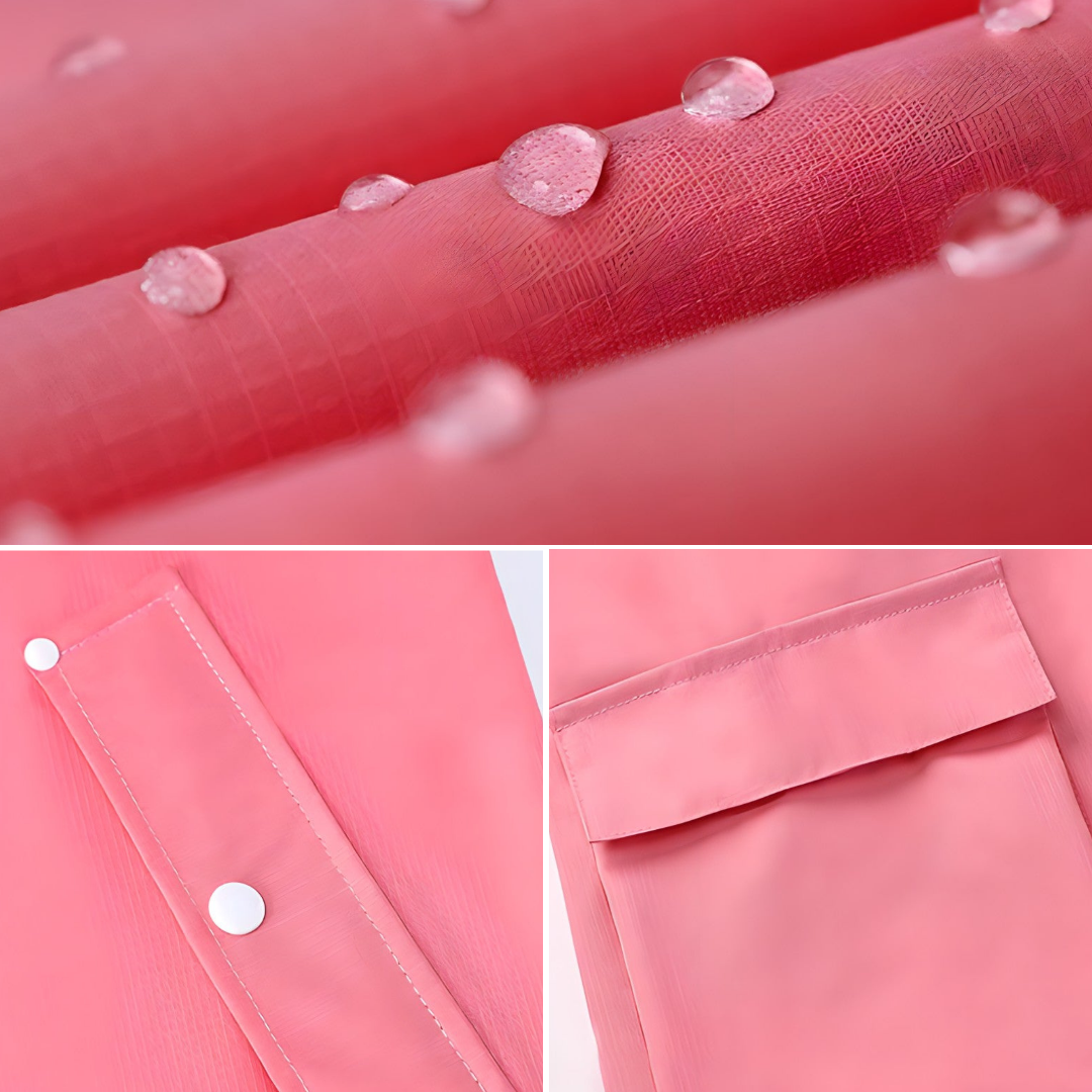 "Dames regenpak beige, lichtgewicht en ademend, volledig waterdicht voor stijlvolle bescherming tegen regen."