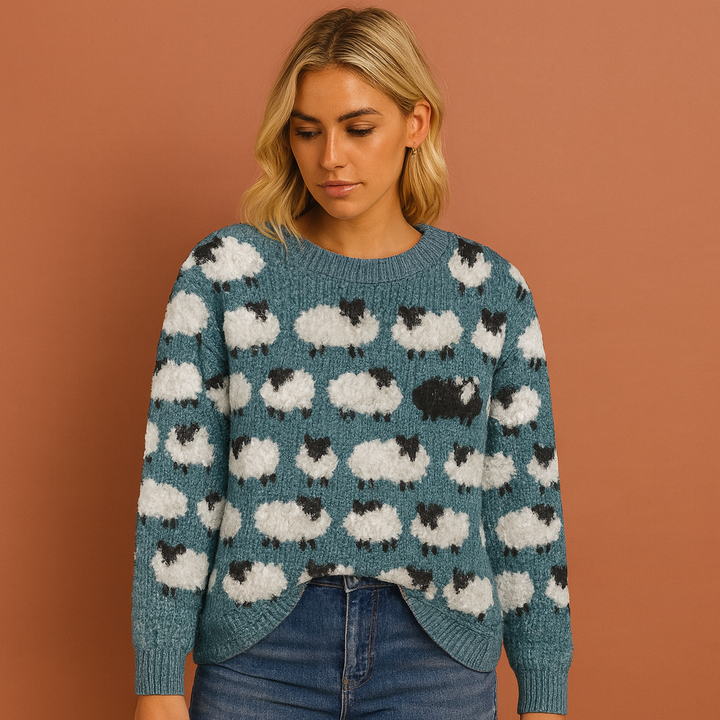 Oversized dames gebreide trui met schattig schapenpatroon. Perfecte casual trui voor winter en herfst.