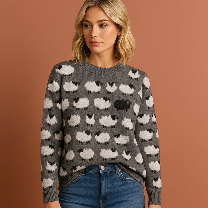 Unieke retro dames trui, grof gebreid, met gedetailleerd schapenpatroon. Warme en comfortabele herfst/winter trui.