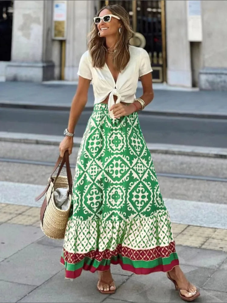 Dames retro print midi rok met ruches, ideaal voor een elegante zomerse look.