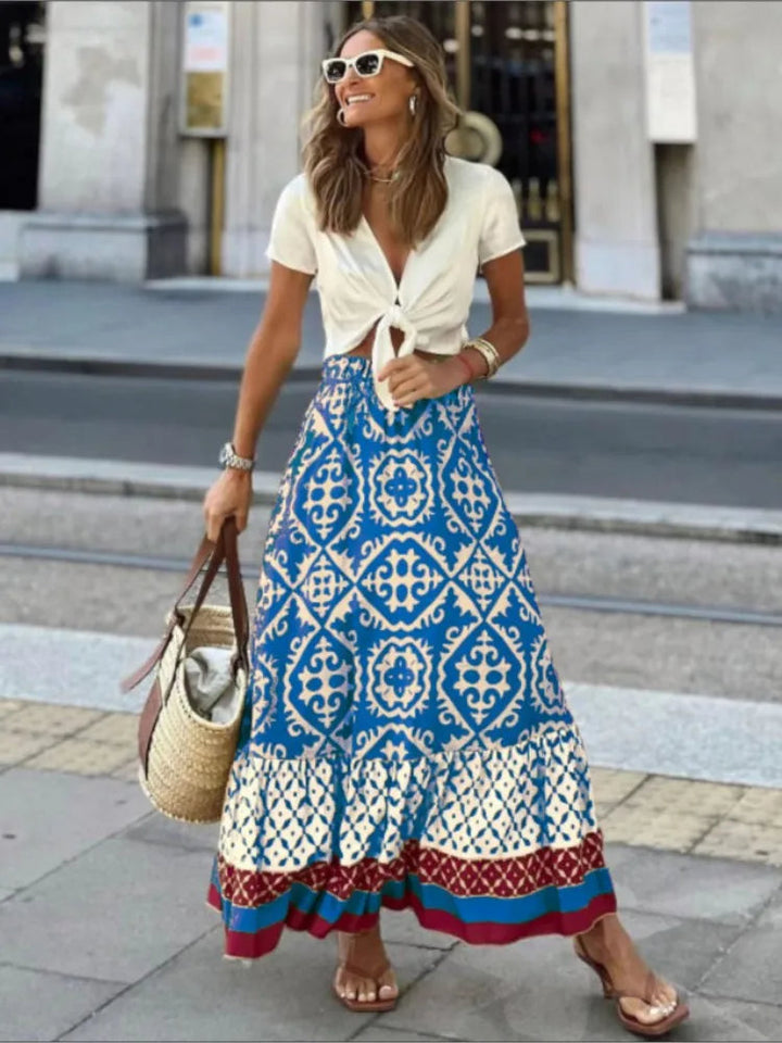 Flared midi rok voor dames met retro print en ruches, creëert een elegante en comfortabele pasvorm.