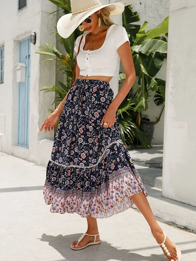 Zomerse casual dames rok: retro print midi met ruches, voor een frisse en stijlvolle uitstraling.