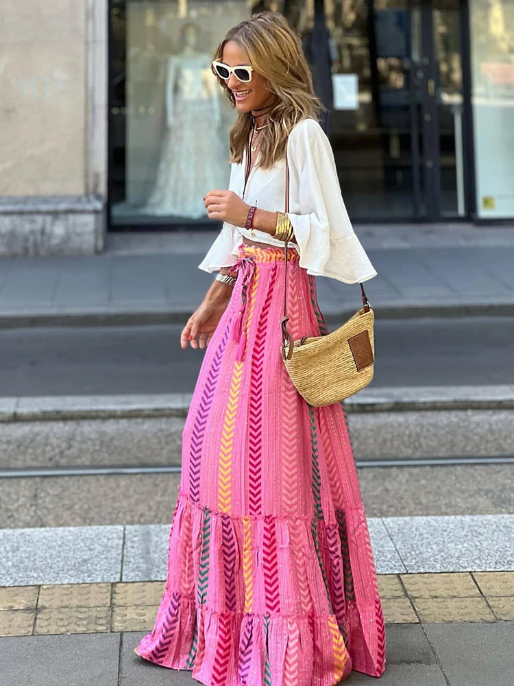 Stijlvolle dames retro print midi rok met ruches; comfortabele zomerrok in vintage look.