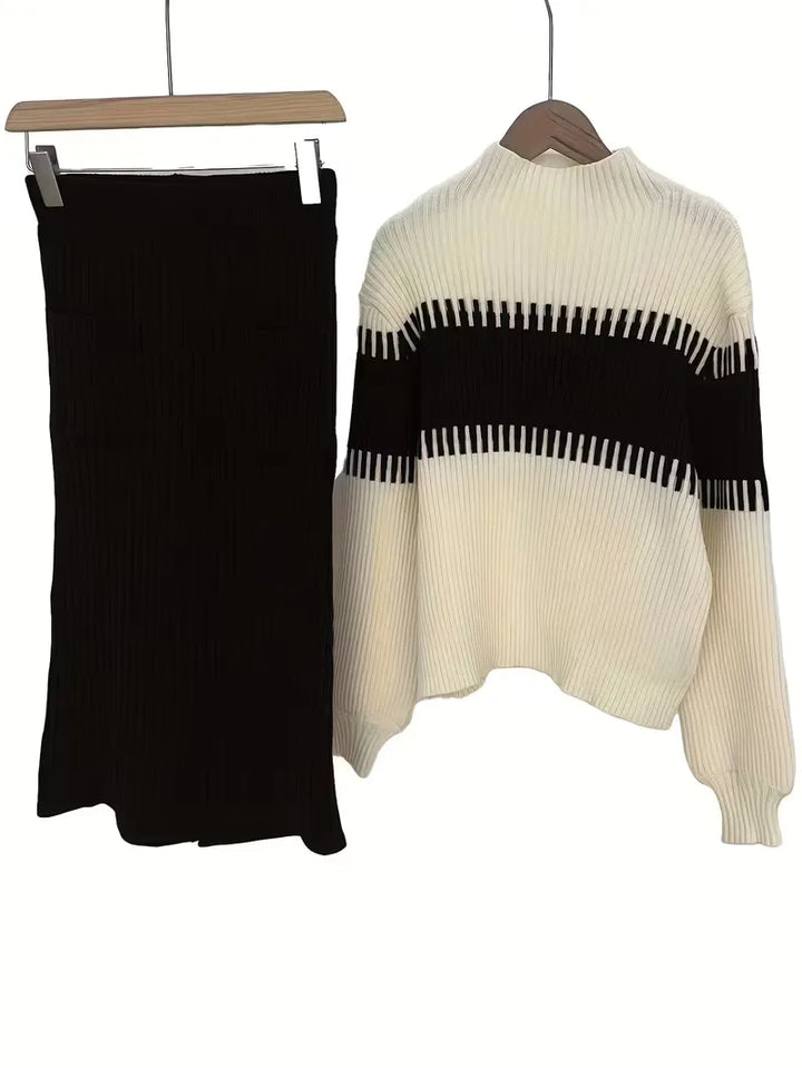 Smart casual dames winterset: ribgebreide trui & hoge taille rok.