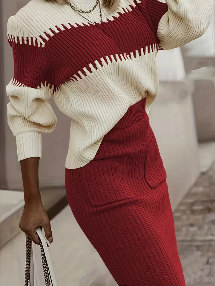 Chique dames ribgebreide rok-trui combinatie, ideaal voor kantoorlooks.