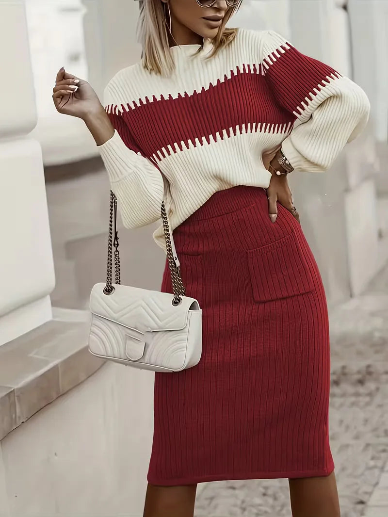 Warme ribgebreide dames set met lange mouwen trui en comfortabele rok.