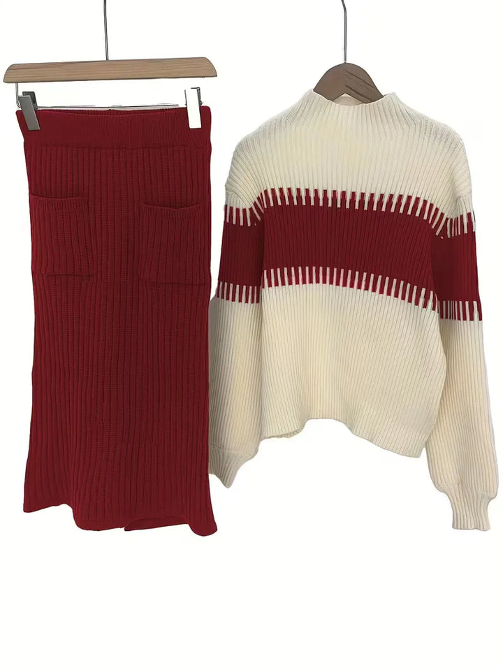 Ribgebreide dames kledingset: trui en rok voor een chique winterstijl.