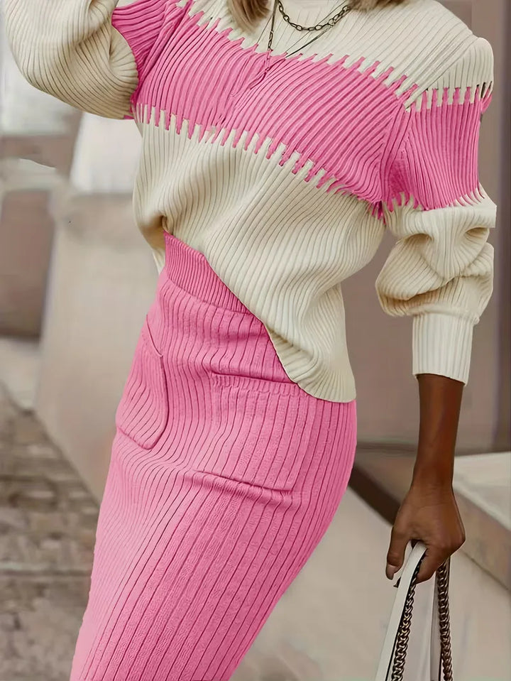 Elegante tweedelige dames set, ribgebreid, met trui en hoge taille rok.