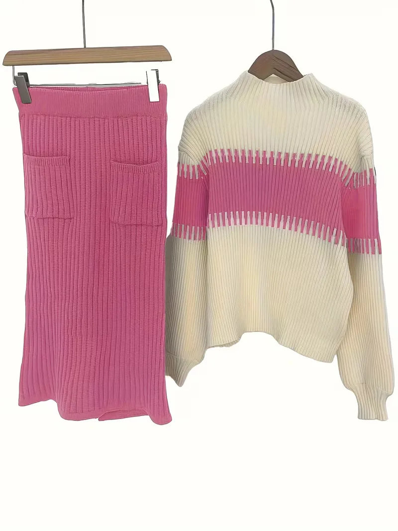 Ribgebreide winter outfit dames: elegante trui en comfortabele rok.