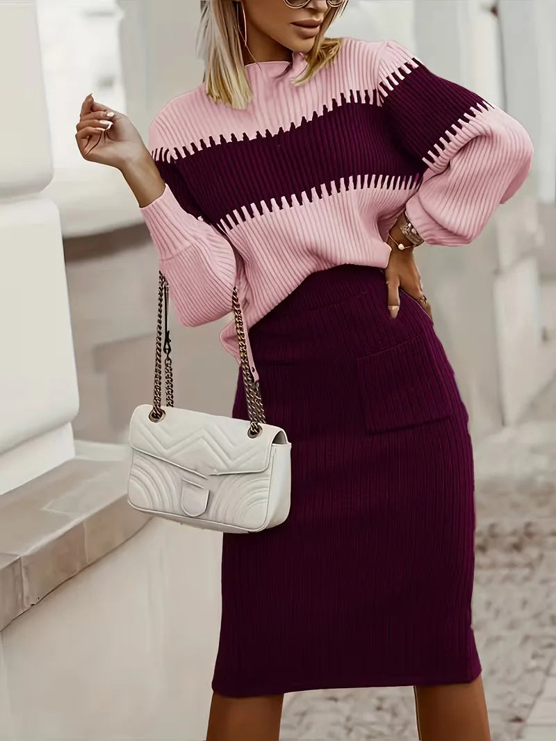 Dames ribgebreide kledingset: trui met hoge taille rok, elegant en comfortabel.