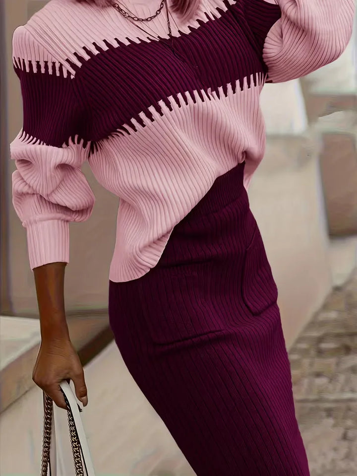 Tweedelige dames ribgebreide set, chique en warm voor de wintermaanden.