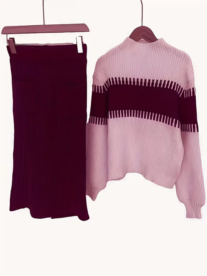 Elegante dames ribgebreide outfit: trui met lange mouwen en rok.