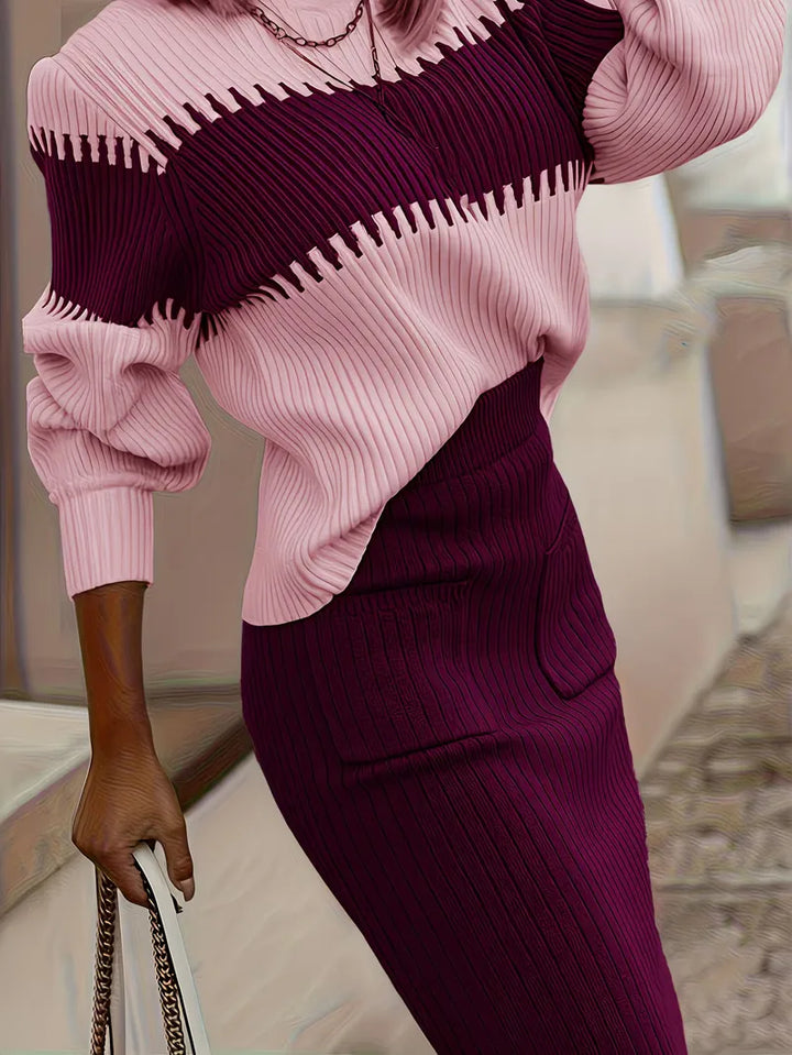 Winterse dames set: ribgebreide trui & rok, perfect voor gelaagde looks.