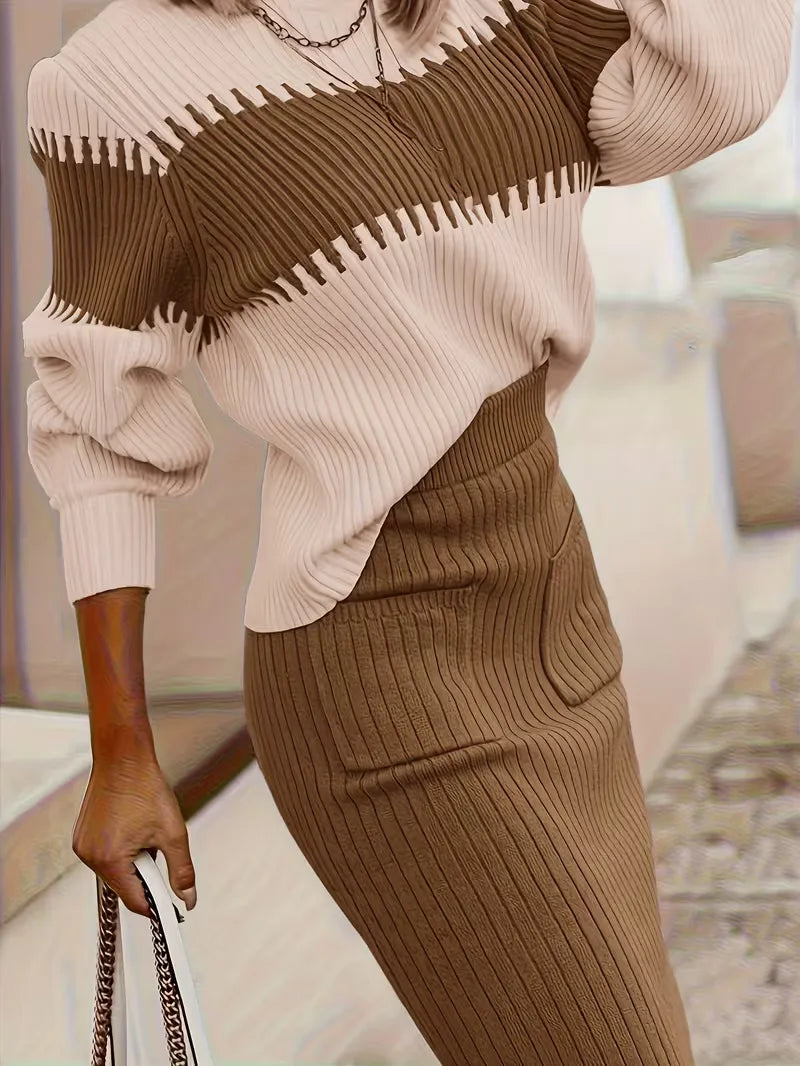 Dames ribgebreide smart casual rok-trui set, veelzijdig en comfortabel.