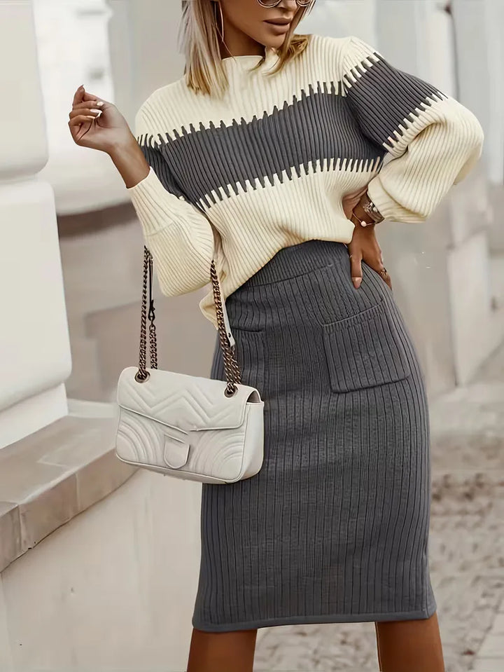 Chique ribgebreide rok-trui set voor dames, ideaal voor kantoor outfit.