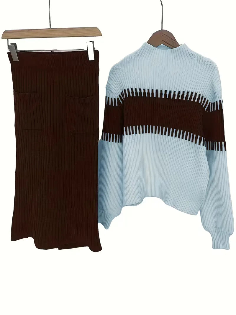 Tweedelige dames winter outfit, ribgebreid, met comfortabele trui en rok.