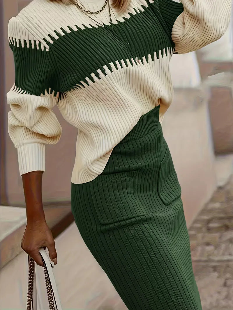 Smart casual ribgebreide set voor dames: trui en rok met hoge taille.