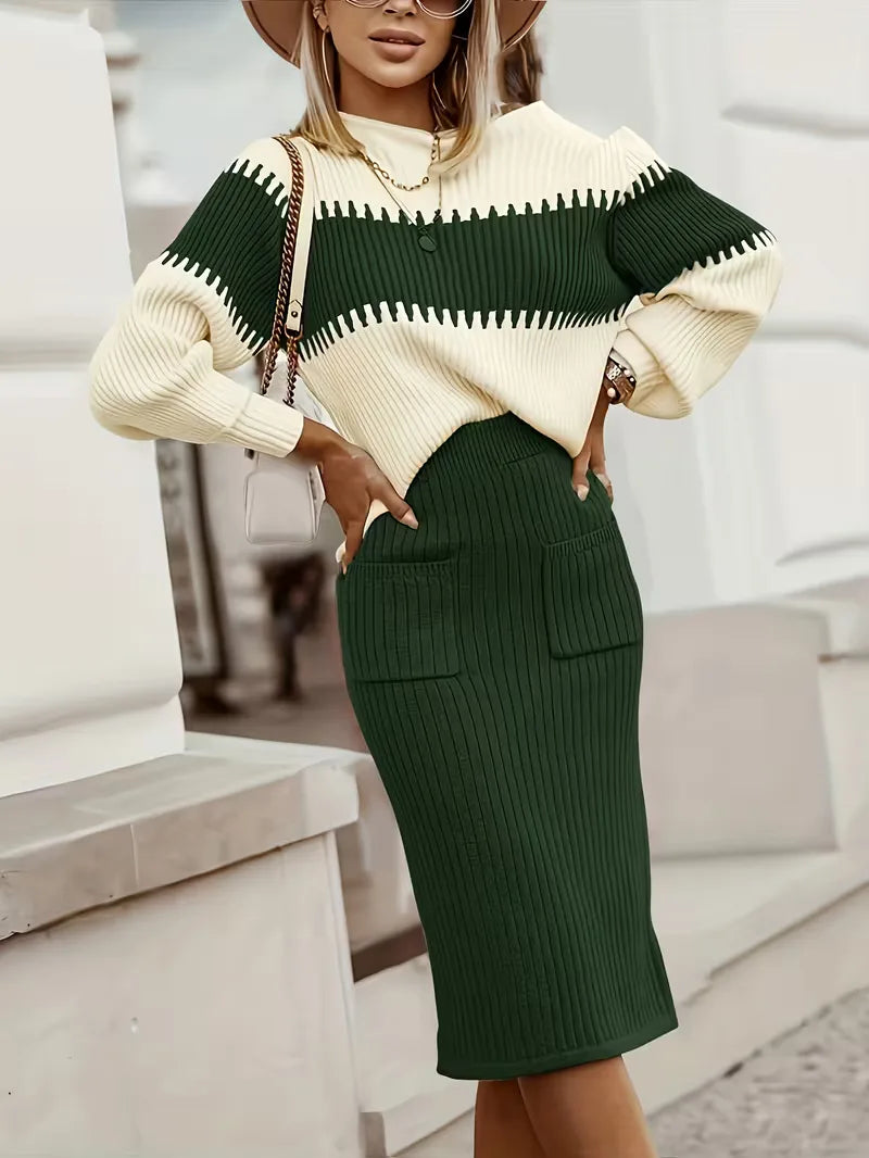 Chique dames ribgebreide tweedelige outfit, ideaal voor een professionele look.