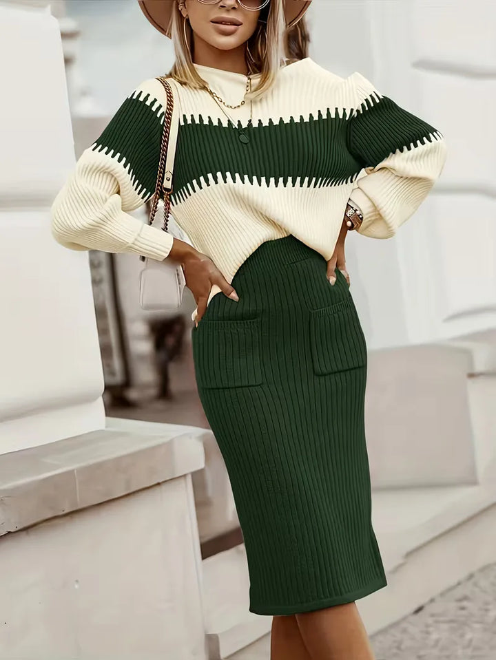 Chique dames ribgebreide tweedelige outfit, ideaal voor een professionele look.