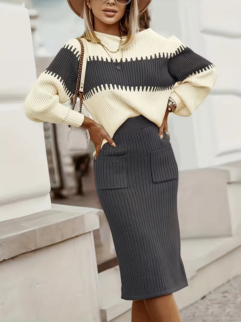 Tweedelige winterset dames: ribgebreide trui met lange mouwen & hoge taille rok.